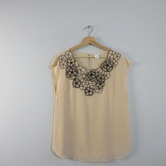 Club Monaco Floral Embellish Silk Blouse Women S Tan Boxy Cap Sleeve Casual 104 - Picture 1 of 11